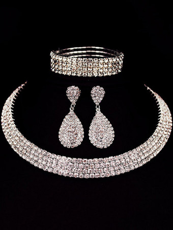 Wedding Necklace Set Silver Drop Earrings Rhinestones Beaded Bangle Bracelet Bridal Jewelry Set
