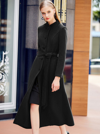 ブラック ロングウールブレンドコート レディース ロイヤルブルー マンダリン スタンドカラー シングルブレスト ベルト付き 冬アウター 2025