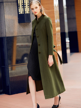 ハンターグリーン ロングウールブレンドコート レディース ロイヤルブルー マンダリン スタンドカラー シングルブレスト ベルト付き 冬アウター 2025