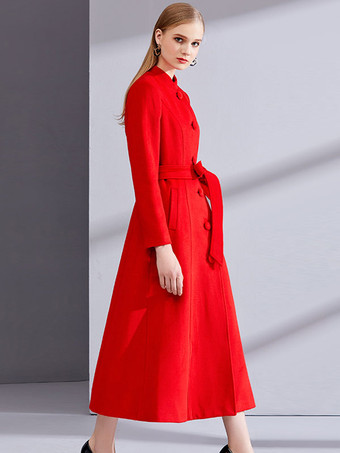 ロングウールブレンドコート レディース ロイヤルブルー マンダリン スタンドカラー シングルブレスト ベルト付き 冬アウター 2025