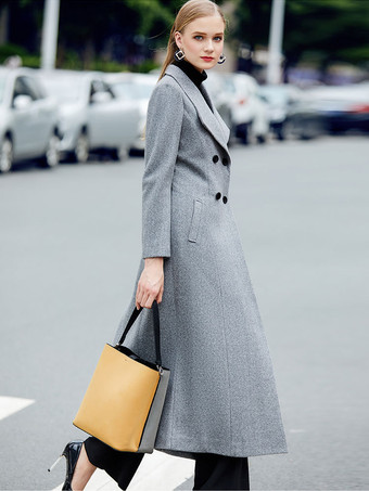 Abrigo de mezcla de lana gris con solapa grande clásico cruzado abrigo de invierno midi para mujer 2025