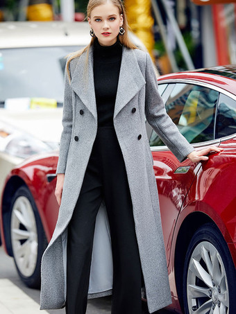 Grey Pea Coat Women's Winter Long Woolen Outerwear