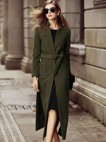 ハンターグリーン ロングウールブレンドコート スタンドカラー Vネック ベルト付き スプリット 冬アウター レディース 2026