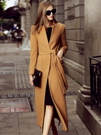 ロングウールブレンドコート スタンドカラー Vネック ベルト付き スプリット 冬アウター レディース 2026