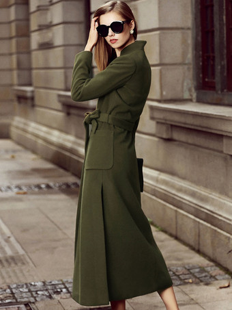 ロングウールブレンドコート スタンドカラー Vネック ベルト付き スプリット 冬アウター レディース 2026