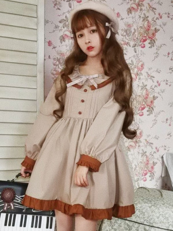 Vestido de Lolita para ocasión informal con escote ovalado con manga larga de dos tonos Algodón del Poliester con lazoestilo clásico 