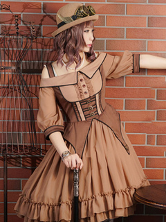 Steampunk Lolita OP One Piece Dress Straps Pleated Ruffles Half Sleeve Two Tone Brown Lolita Dresses