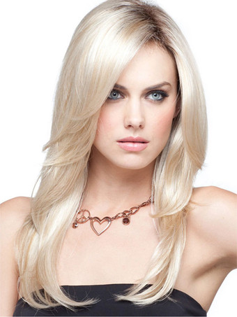 ロングウィッグ　ゴールド　化学繊維　レイヤード　ストリートウェア　ストレート　シック＆モダン　