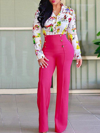 ローズレッドホワイトレディースパンツ　2025　ハイウエスト　ストレートレッグロングパンツ