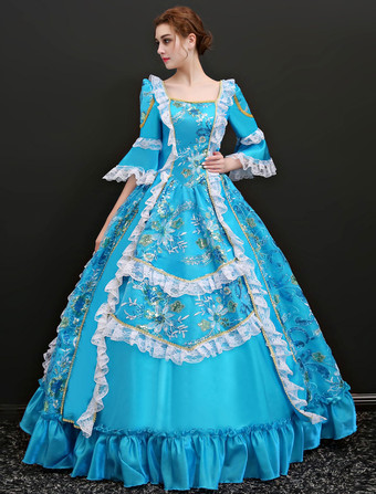 中世 ドレス 女性用 プリンセス 貴族ドレス ブルー 七分袖 ロココ調 ハロウィン レトロ ヨーロッパ 宮廷風 中世 ドレス・貴族ドレス