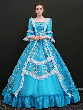中世 ドレス 女性用 プリンセス 貴族ドレス ブルー 七分袖 ロココ調 ハロウィン レトロ ヨーロッパ 宮廷風 中世 ドレス・貴族ドレス