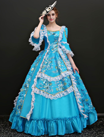 中世 ドレス 女性用 プリンセス 貴族ドレス ブルー 七分袖 ロココ調 ハロウィン レトロ ヨーロッパ 宮廷風 中世 ドレス・貴族ドレス