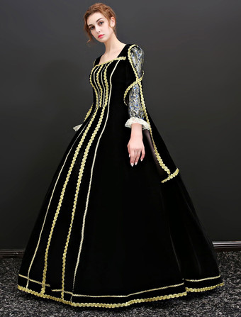 プリンセス 女性用 貴族ドレス 中世 ドレス ブラック 七分袖 ベロア ベロア パフォーマンス ドレス バロック風 中世 ドレス・貴族ドレス ヨーロッパ 宮廷風 レトロ