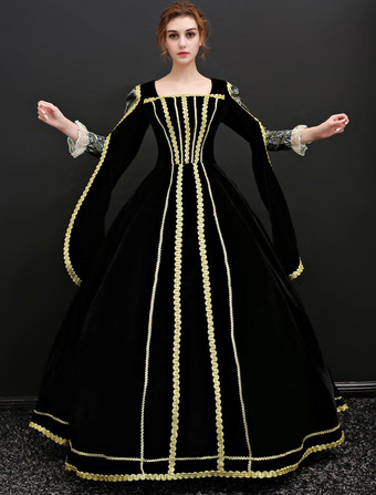 プリンセス 女性用 貴族ドレス 中世 ドレス ブラック 七分袖 ベロア ベロア パフォーマンス ドレス バロック風 中世 ドレス・貴族ドレス ヨーロッパ 宮廷風 レトロ