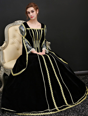 プリンセス 女性用 貴族ドレス 中世 ドレス ブラック 七分袖 ベロア ベロア パフォーマンス ドレス バロック風 中世 ドレス・貴族ドレス ヨーロッパ 宮廷風 レトロ