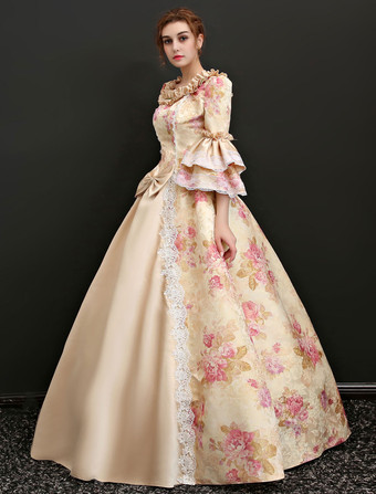 プリンセス 女性用 貴族ドレス 中世 ドレス シャンパンカラー 七分袖 サテンファブリック サテン パフォーマンス ドレス ロココ調 中世 ドレス・貴族ドレス ヨーロッパ 宮廷風 レトロ