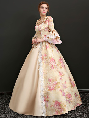 プリンセス 女性用 貴族ドレス 中世 ドレス シャンパンカラー 七分袖 サテンファブリック サテン パフォーマンス ドレス ロココ調 中世 ドレス・貴族ドレス ヨーロッパ 宮廷風 レトロ