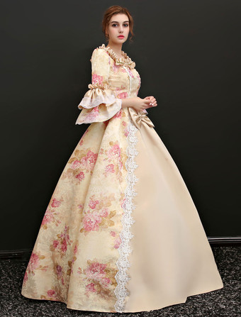 プリンセス 女性用 貴族ドレス 中世 ドレス シャンパンカラー 七分袖 サテンファブリック サテン パフォーマンス ドレス ロココ調 中世 ドレス・貴族ドレス ヨーロッパ 宮廷風 レトロ