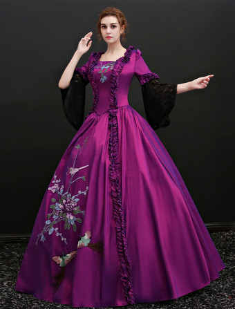 中世 ドレス 女性用 プリンセス 貴族ドレス バイオレット 七分袖 ヨーロッパスタイル マルディグラ レトロ ヨーロッパ 宮廷風 中世 ドレス・貴族ドレス
