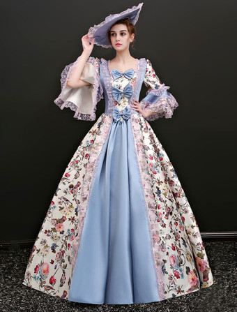 Victorian Dress Costume Prom Dress Rococo Vintage Victorian Era Outfits Illusion Blue Jacquard Retro Ball gown Costumes Halloween