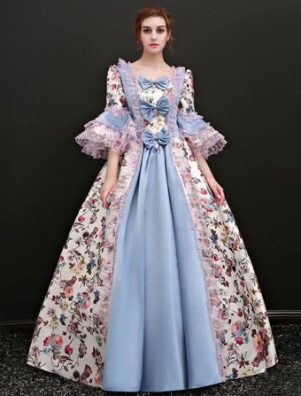 中世 ドレス 女性用 プリンセス 貴族ドレス グレーブルー 五分袖 ロココ調 ハロウィン レトロ ヨーロッパ 宮廷風 中世 ドレス・貴族ドレス