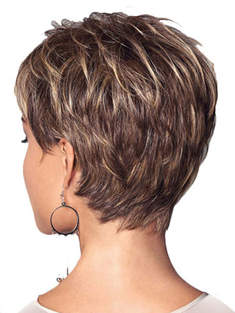 ショートウィッグ　ブラウン　カーリー　レイヤード　化学繊維　シック＆モダン　