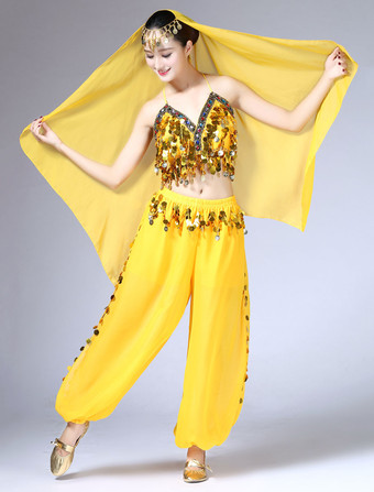 イエローベリーダンス衣装 シフォン　パフォーマンス アラビアン 衣装　大人用　女性用　ヘッドバンド＆パンツ＆トップス 4点セット　無地　コスチューム