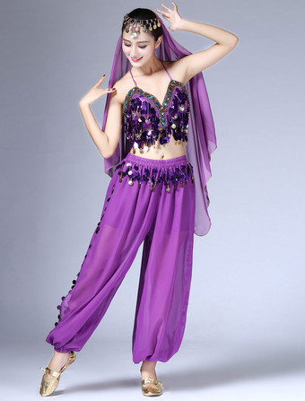 パープル ベリーダンス衣装 シフォン　パフォーマンス アラビアン 衣装　大人用　女性用　ヘッドバンド＆パンツ＆トップス 4点セット　無地　コスチューム