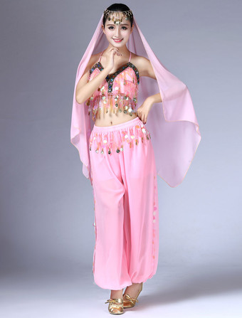 ピンク ベリーダンス衣装 シフォン　パフォーマンス アラビアン 衣装　大人用　女性用　ヘッドバンド＆パンツ＆トップス 4点セット　無地　コスチューム