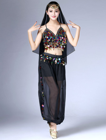ブラック ベリーダンス衣装 シフォン　パフォーマンス アラビアン 衣装　大人用　女性用　ヘッドバンド＆パンツ＆トップス 4点セット　無地　コスチューム