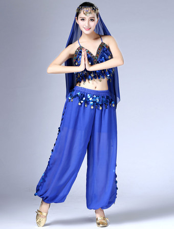 ロイヤルブルーベリーダンス衣装 シフォン　パフォーマンス アラビアン 衣装　大人用　女性用　ヘッドバンド＆パンツ＆トップス 4点セット　無地　コスチューム