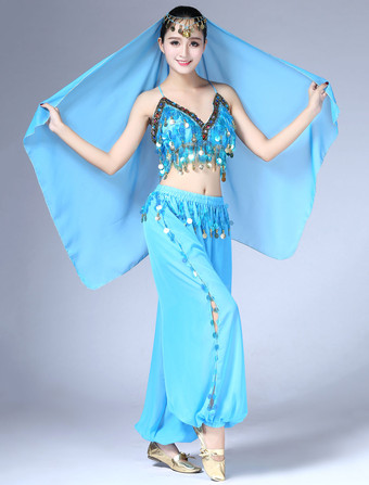 レイクブルー ベリーダンス衣装 シフォン　パフォーマンス アラビアン 衣装　大人用　女性用　ヘッドバンド＆パンツ＆トップス 4点セット　無地　コスチューム