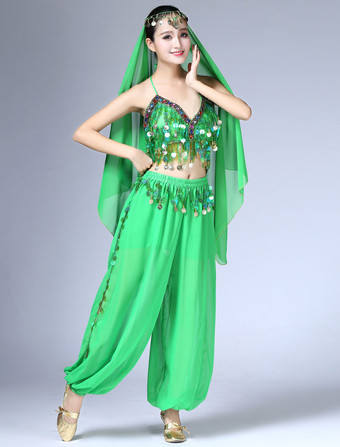 グリーン ベリーダンス衣装 シフォン　パフォーマンス アラビアン 衣装　大人用　女性用　ヘッドバンド＆パンツ＆トップス 4点セット　無地　コスチューム