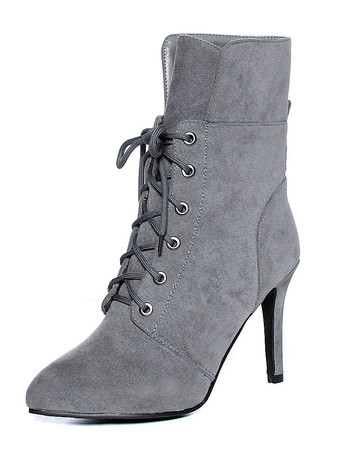 グレイショートブーツ ポインテッドトゥ ブーティ シック＆モダン レディースブーツ ブラウン ピンヒール 9.5cm ヌバック ストリートウェア 無地 シューズ レディース靴