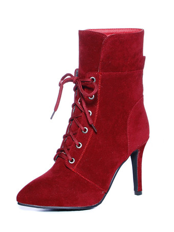 レッド ショートブーツ ポインテッドトゥ ブーティ シック＆モダン レディースブーツ ブラウン ピンヒール 9.5cm ヌバック ストリートウェア 無地 シューズ レディース靴