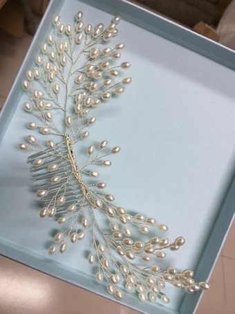 ウェディング　ヘアアクセサリー　髪飾り　頭飾り　ヘッドピース　ヘッドドレス　大人用　パール　アイボリー　合金　