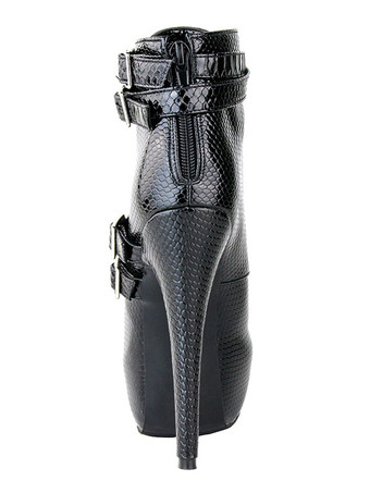 ショートブーツ アーモンドトゥ ブーティ シック＆モダン レディースブーツ ブラック ピンヒール 14cm バックル PU ストリートウェア 無地 シューズ レディース靴