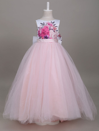 Vestidos de niña de las flores de la princesa Tulle rosa suave Vestido del desfile de los niños Impreso vestido de fiesta largo del arco con el tren