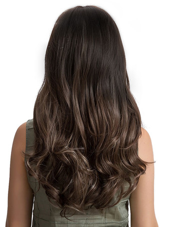 レディースタン色ウィッグ　クリンプカール　センター分け　ふわふわ　ロングウィッグ