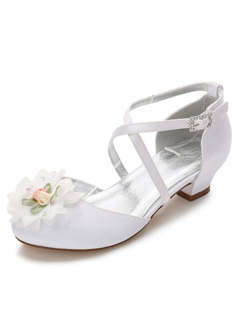 ホワイト 子供フォーマルシューズ　丸いつま先　ガールズ用　シルクとサテン　エレガント　