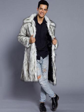 メンズファッション　コート/ジャケット　上着　ホワイト　プラスサイズ　折り襟　外出　シック＆モダン　フェイクファー　無地　