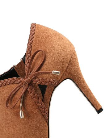 ハイヒール ブーティ レディース シューズ ブラウン ポインテッドトゥ ボウ ショート ブーティ