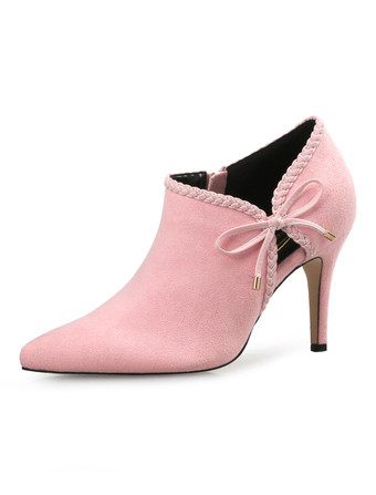 ピンク ハイヒール ブーティ レディース シューズ ブラウン ポインテッドトゥ ボウ ショート ブーティ