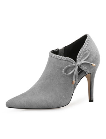 グレイハイヒール ブーティ レディース シューズ ブラウン ポインテッドトゥ ボウ ショート ブーティ