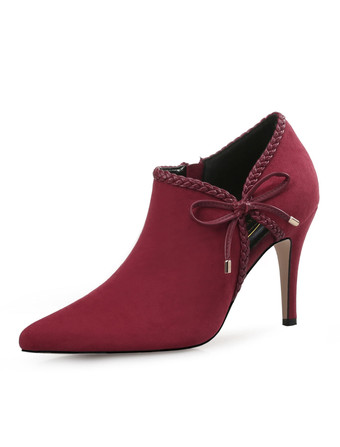 バーガンディーハイヒール ブーティ レディース シューズ ブラウン ポインテッドトゥ ボウ ショート ブーティ