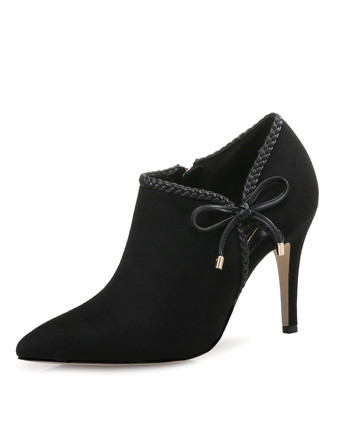 ブラック ハイヒール ブーティ レディース シューズ ブラウン ポインテッドトゥ ボウ ショート ブーティ