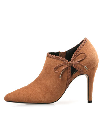 ハイヒール ブーティ レディース シューズ ブラウン ポインテッドトゥ ボウ ショート ブーティ