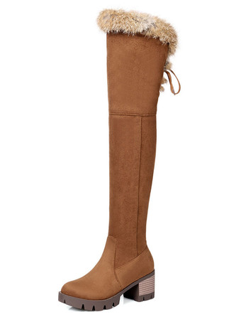 ブラウン ニーブーツ レディース マイクロスエード フェイクファー ラウンドトゥ チャンキーヒール サイハイブーツ