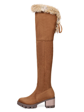 ニーブーツ レディース マイクロスエード フェイクファー ラウンドトゥ チャンキーヒール サイハイブーツ