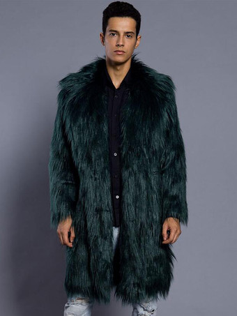 ダークグリーン上着　コート/ジャケット　メンズファッション　シック＆モダン　折り襟　無地　フェイクファー　